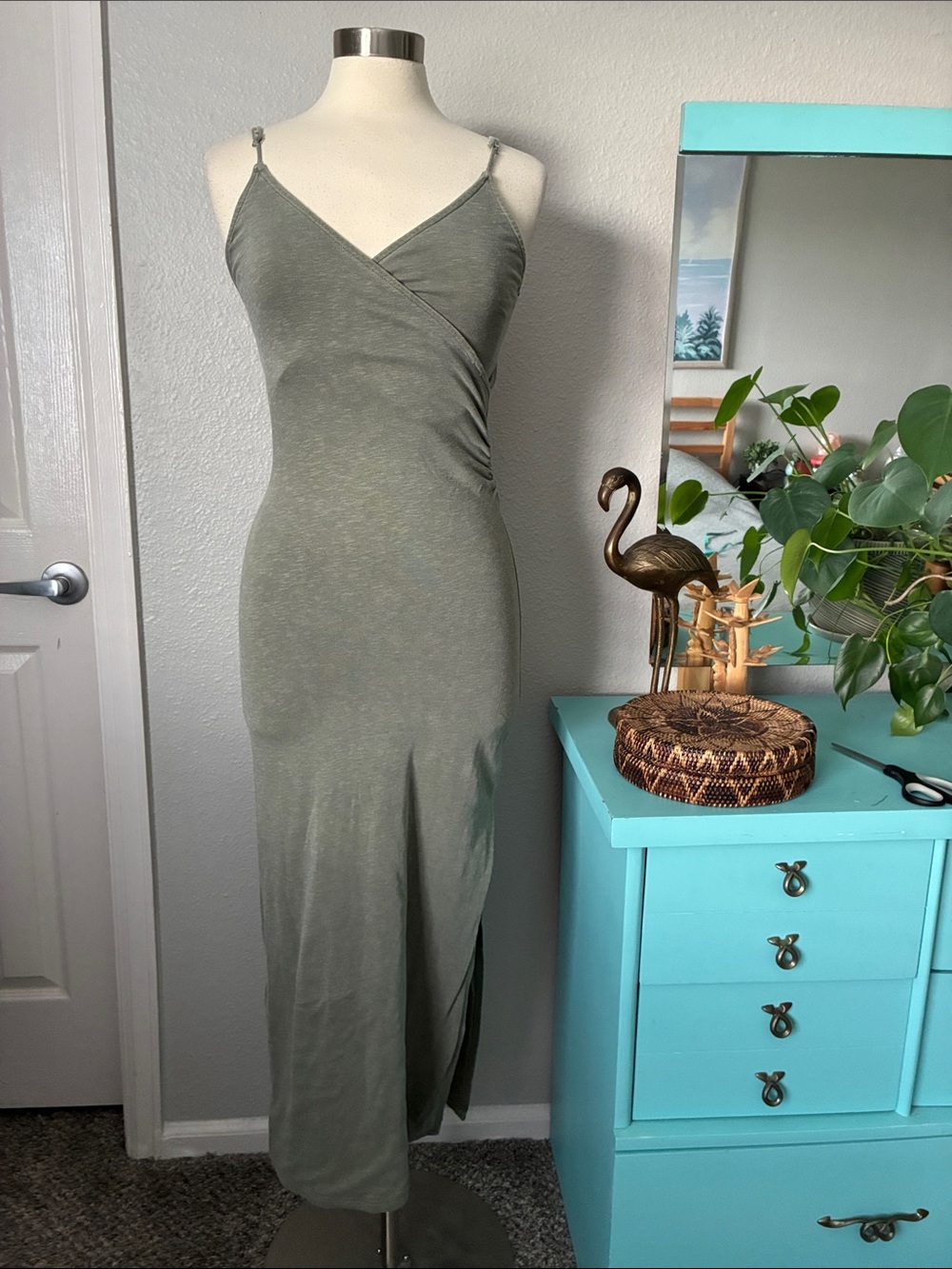 Sundry Olive Green Faux Wrap Cami Maxi Dress V-Neck Side Slit Size 1 Small